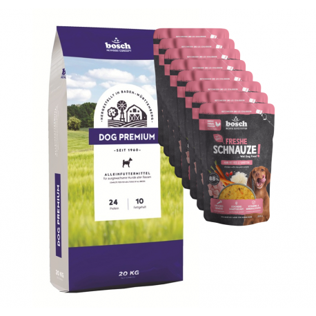 bosch Dog Premium 20kg + šlapio ėdalo 8vnt x 250g višta, ryžiai, morkos 